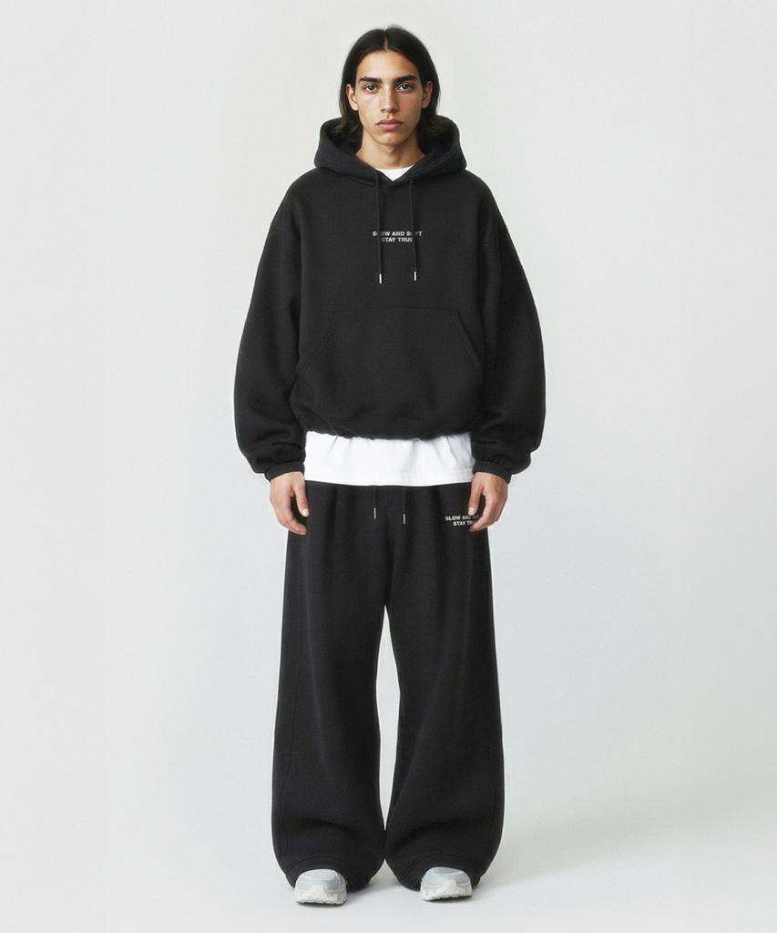 [Set] Small Slow And Soft String Oversized Hoodie + One-Pleat String Pants - Black