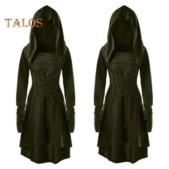 Women Cosplay Dress Gothic Solid Color Lace-up Strap Slim Waist Irregular Hem Hooded Long Sleeves Theme Parties Role-Playing Festival Halloween Midi