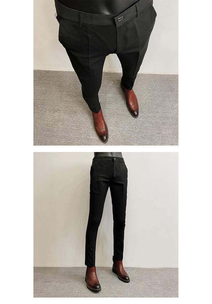 Men's Slim Fit Elastic Straight Leg Korean Style Cropped Business Casual Pants