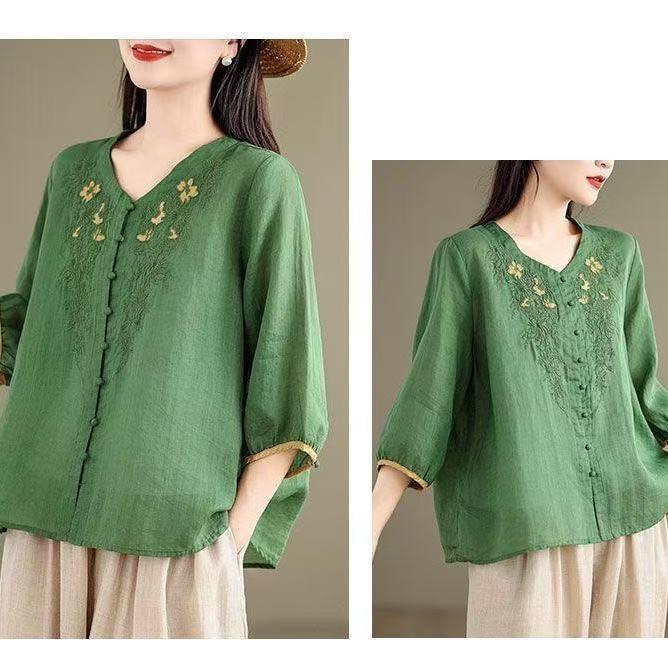 Vintage Hemden Sommer Stickerei Blumenbluse Damen Lässig 3/4 Ärmel Arbeit Blusen Locker Hemd Knöpfe Oberteile