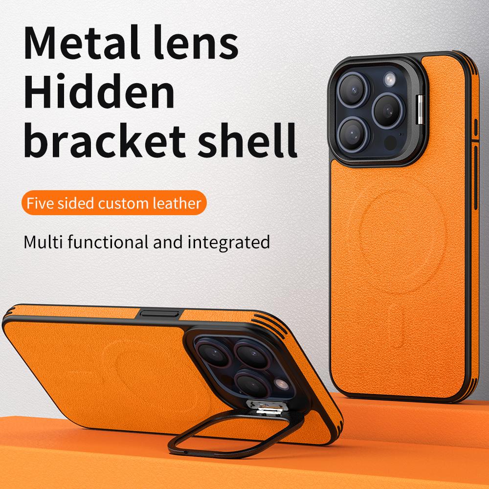 For iPhone 16 Pro Magnetic Case with Lens Kickstand Leather Phone Back Cover