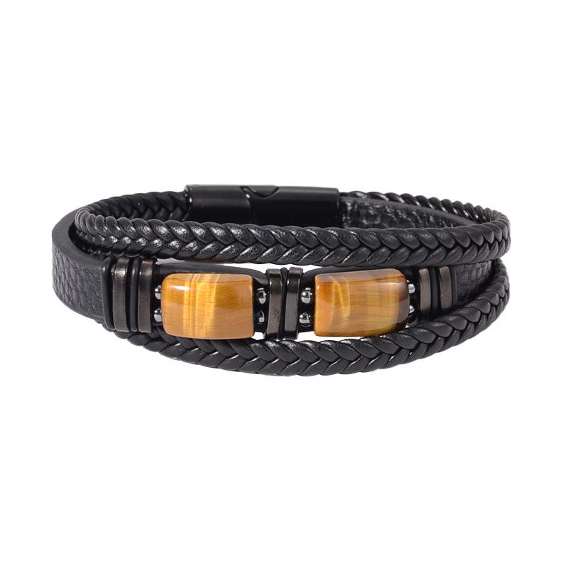 Tiger Eye Stone Bracelet Volcanic Stone Bracelet Fashionable Versatile Leather Men's Set