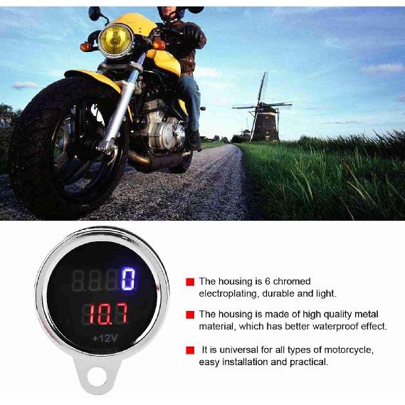 Universal Electronic Tachometer 2 in 1 Motorcycle LED Digital Voltmeter Tachometer Gauge Metal Odometer Speedometer Silver for Meauring Voltage of