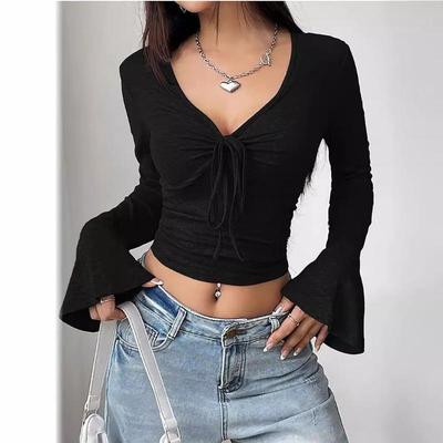 Wrinkle Tied V-neck Long Sleeved Inner Layer T-shirt for Women's Winter Flared Sleeves with a Waistband and a Unique Top