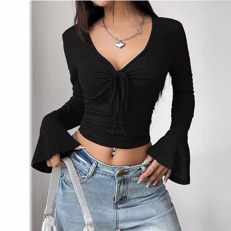 

Жіноча зимова жіноча футболка з V-подібним вирізом і довгими рукавами, розкльошеними рукавами, поясом і унікальним верхом S чорний