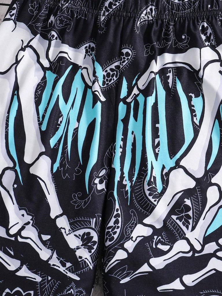 Single-piece Boys' Street Style Hip-hop Skull Hand Letter Paisley Pattern Shorts, Spring/summer Style.
