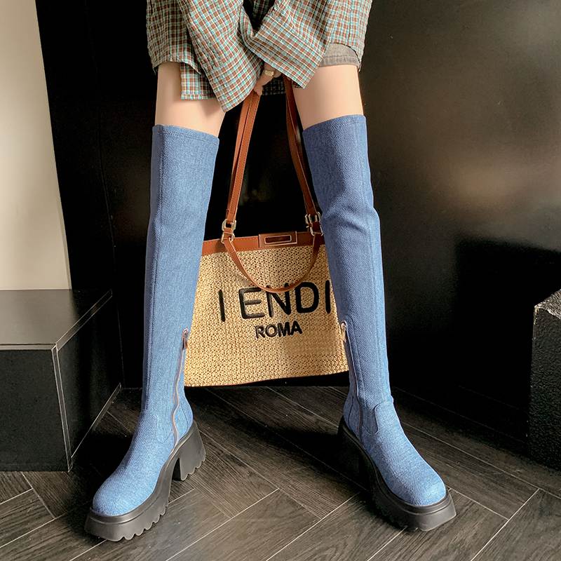 Krazing Pot Skórzane buty wiosenne i zimowe z grubego dna, antypoślizgowe, platformy, damskie, wsuwane, wysokie buty do ud