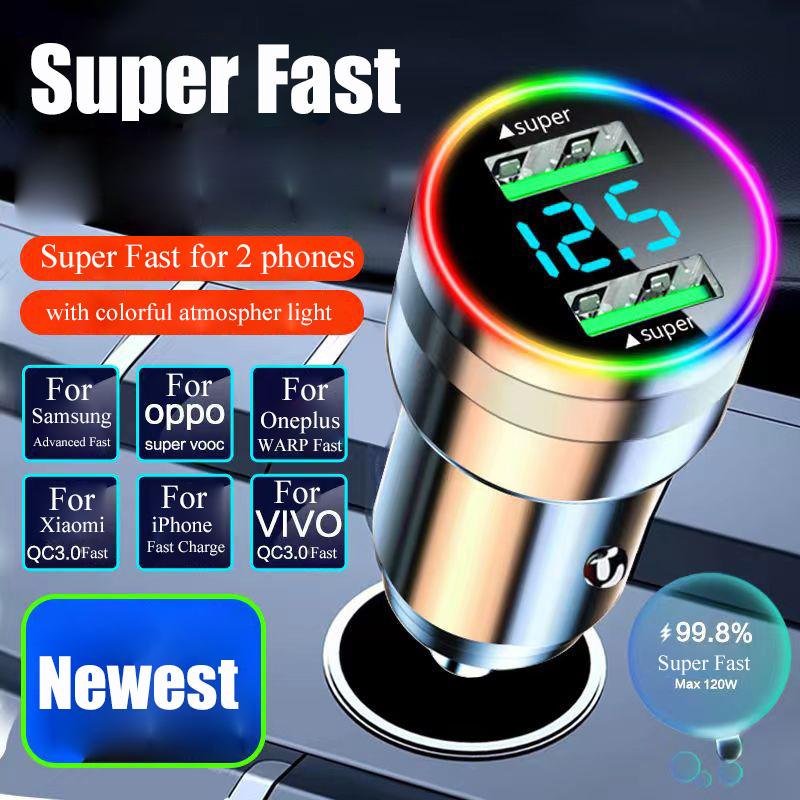 USB Car Charger 300W Dual Port Super Fast Charging Adapter with Voltage Monitor LED Light for Samsung Oneplus Huawei OPPO iPhone