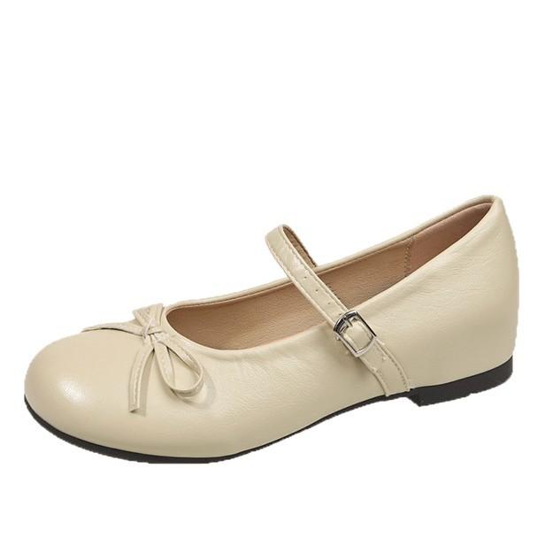 2025 summer shallow mouth milk yellow bag inner height increase bow buckle belt single shoes women round head Mary Jane shoes