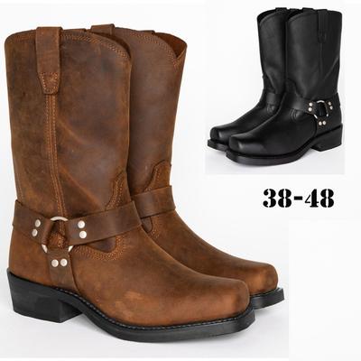 Mens Vintage Cowboy Leather Boots British Style Square Toe Knight Boots Buckle Mid Calf Boots Mid Heels Ankle Boots Outdoor Riding Boots Plus Size