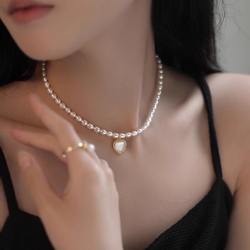 Women's Freshwater Pearl & Abalone Heart Pendant Necklace with Beaded Clavicle Chain