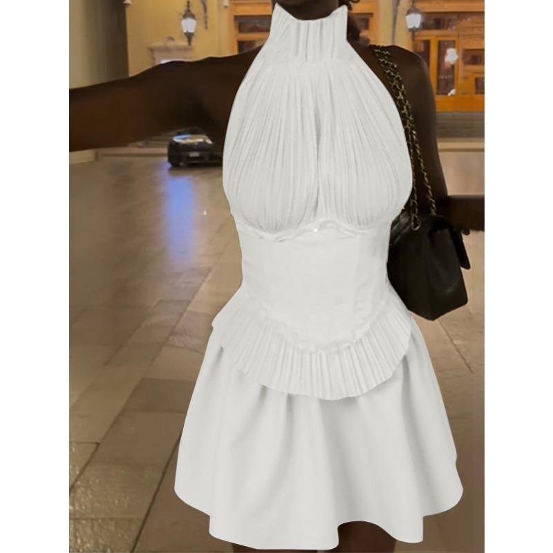 European and American new summer small French Hepburn style dress women s summer high-end cake skirt short XS белый