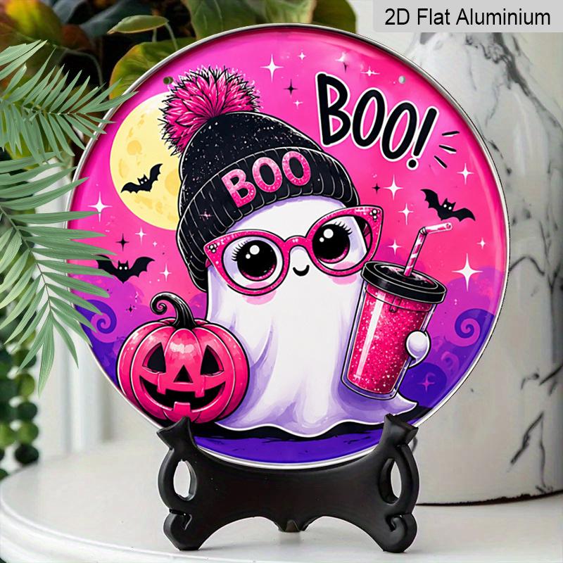 2D Flat, 1pc Round Aluminum Hanging Sign - Cute Pink BOO Decorative Signs, Halloween Holiday Party Metal Aluminum Plaque, Bar Porch Yard Living Room