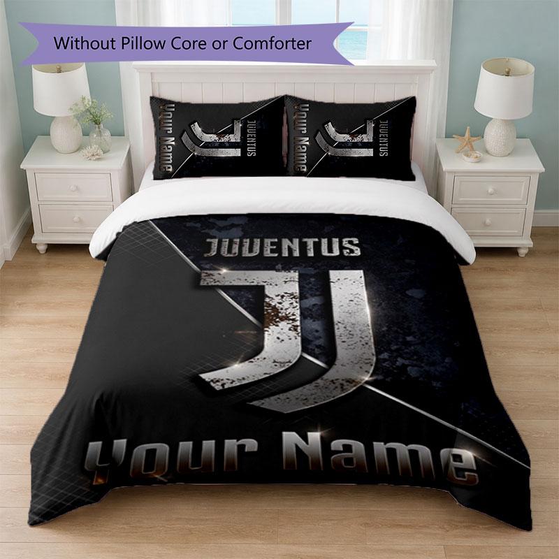 Juventus FC Custom Name Text Bedding Set 1 Duvet Cover+2 Pillowcases Soccer Logo Personalized Gift For Special Occasion Bedroom Decor