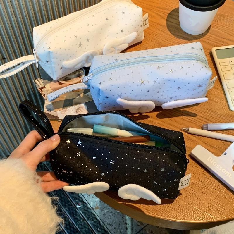 Print Wings Star Dots Pencil Case Y2K Large Capacity Korean Style Pen Bag Stationery Storage Desktop Storage Pencil Pouch School