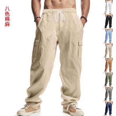 Hot-selling American Men's Linen Four-season Thin Breathable Tooling Multi-pocket Loose Casual Trend Wide-leg Pants
