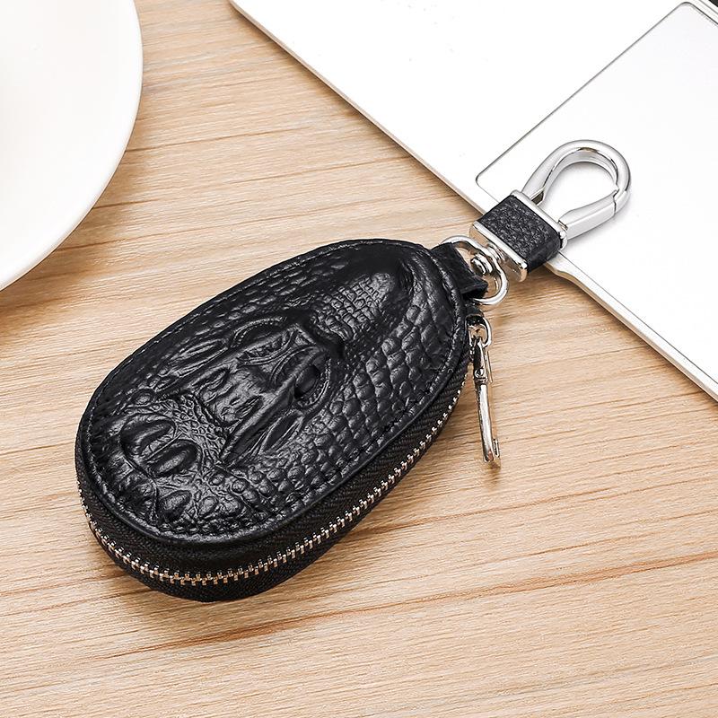

Unisex Top Grain Calfskin Car Key Holder Compact Waist Hung Zipper Case with Crocodile Texture Detachable Straps чёрный