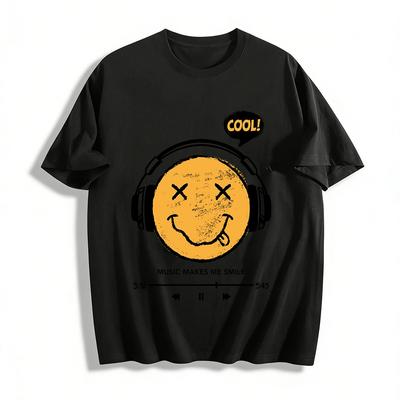 Meme Style Smiley Face Music Print Casual Short Sleeve Top Pure Cotton T-shirt