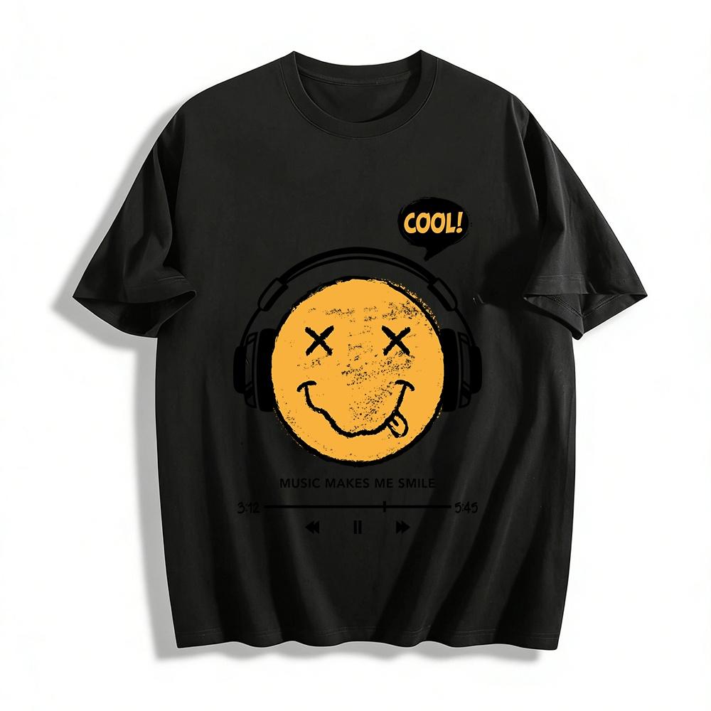 Meme Style Smiley Face Music Print Casual Short Sleeve Top Pure cotton T-shirt XXS