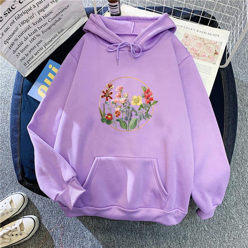 Autumn New Flower Print Sweatshirt for Women Oversize Loose Casual Velvet Hooded Hoodie Top for  Student