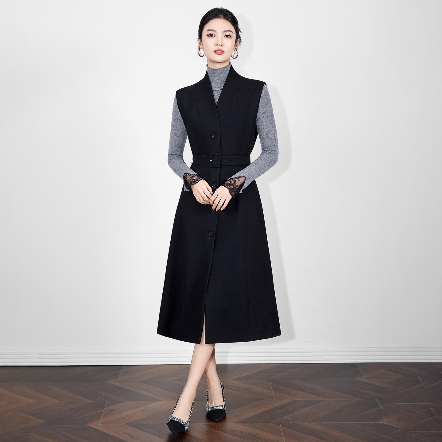 

High-Quality French V-neck Twill Woolen Dress: Elegant Women s Autumn/Winter Sleeveless Waist-Cinching Dress Extra Large чёрный