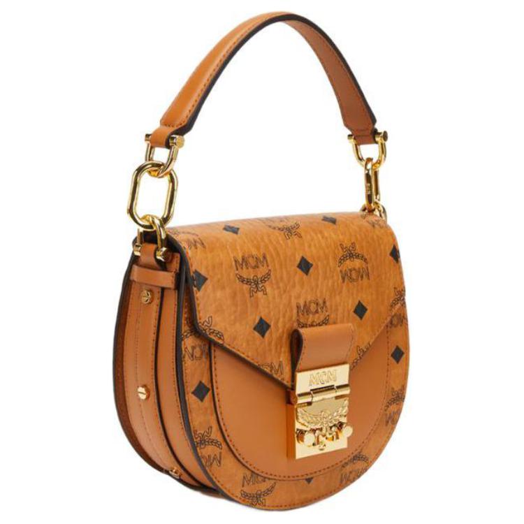 New MCM Patricia Visetos Cow Leather Saddle Bag, Crossbody Bag, One Shoulder Handbag Women's Brown Cognac MWSAAPA02CO001