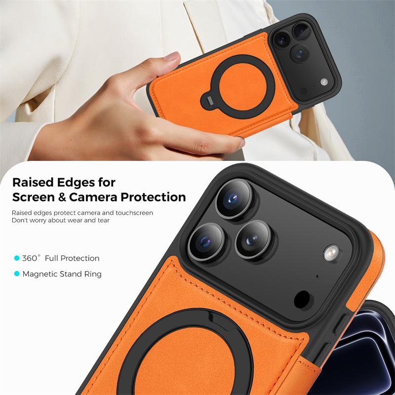 luxury PU Leather Card Wallet Flip Case For iPhone 12 13 14 15 16 17 Pro Max Magnetic Magsafe 360 Rotat Metal Ring Bracket Cover