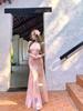 Lace splicing printing suspender dress women's summer mesh fishtail skirt design waist skirt hip-wrapped long dress