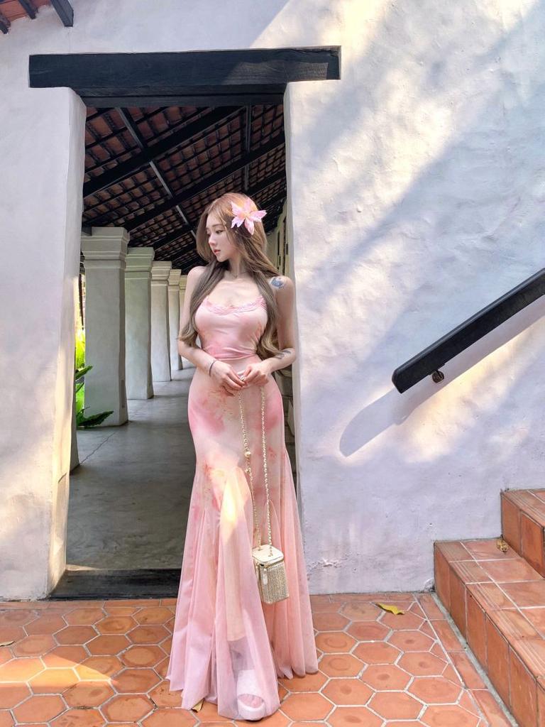 Lace splicing printing suspender dress women's summer mesh fishtail skirt design waist skirt hip-wrapped long dress
