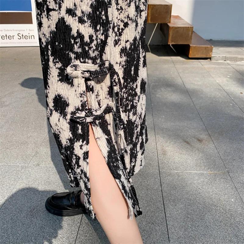 Autumn Vintage Print Summer Skirts Lace Up High Waist Long Midi Skirt Corduroy Midi Length Korean Elegant Office Streetwear Z339