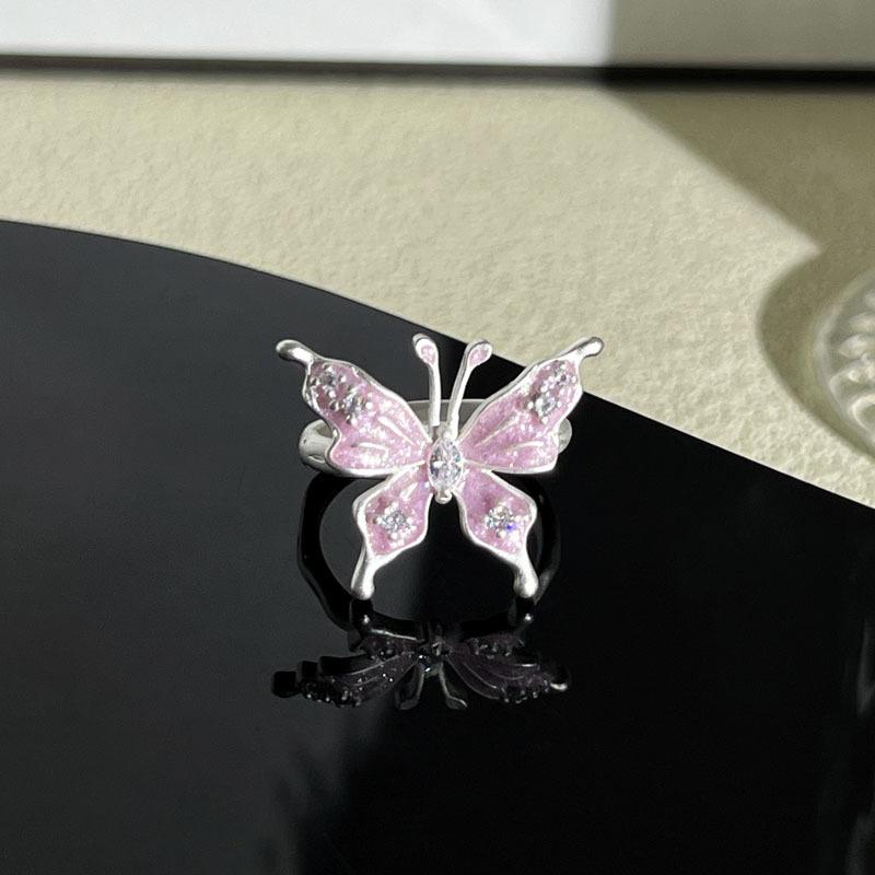 Diemeng Sakura Gradient Butterfly‑Flower Open Ring Sweet Mori Gentle Cold‑Wind Niche Adjustable Index‑Finger Trend Jewelry