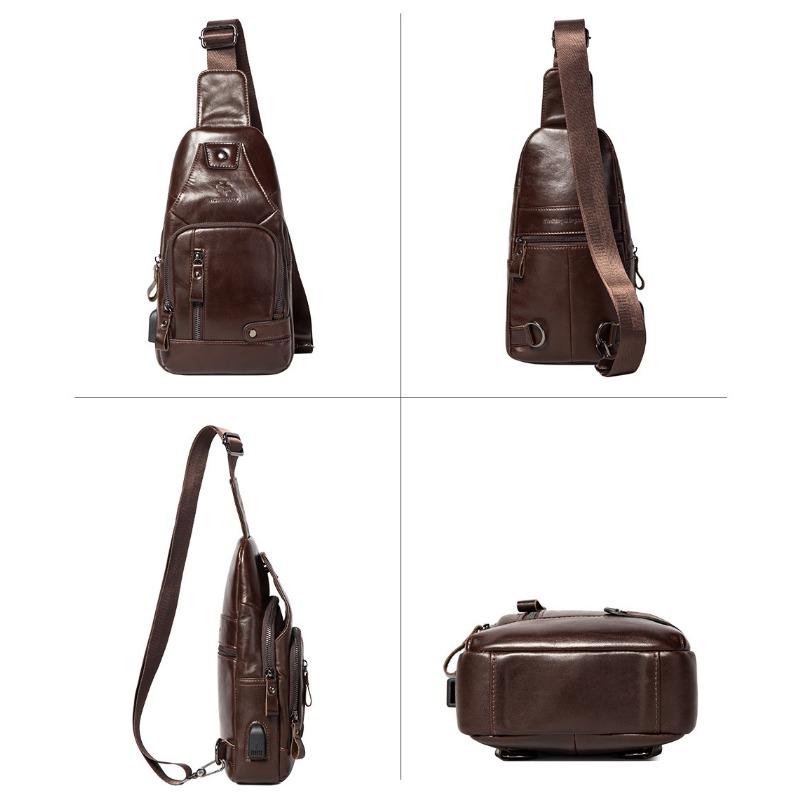 First Layer Cowhide Men's Soft Leather Chest Bag Leather Outdoor Flat Plate with Line Crossbody Bag Large Capacity Bag