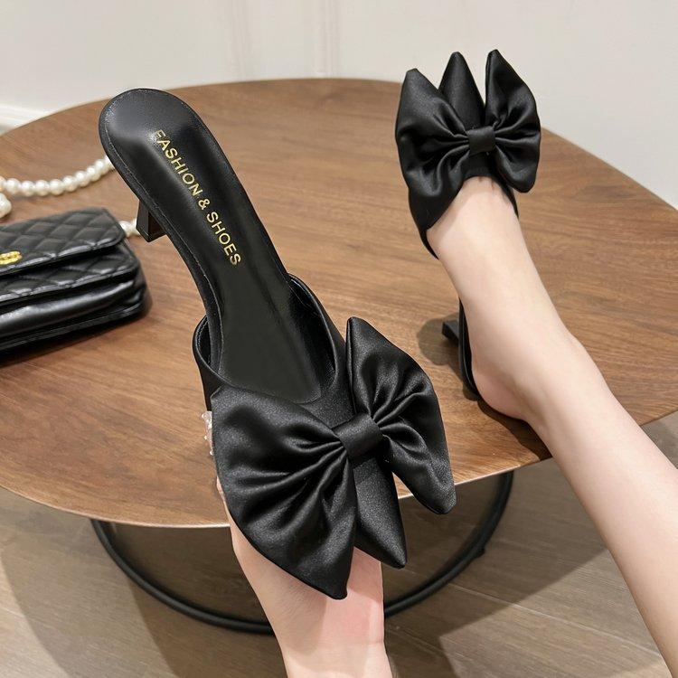 High heeled sandals for women to wear 2025 fashion new stiletto heel pointed toe semi-slippers rose red bow toe is versatile