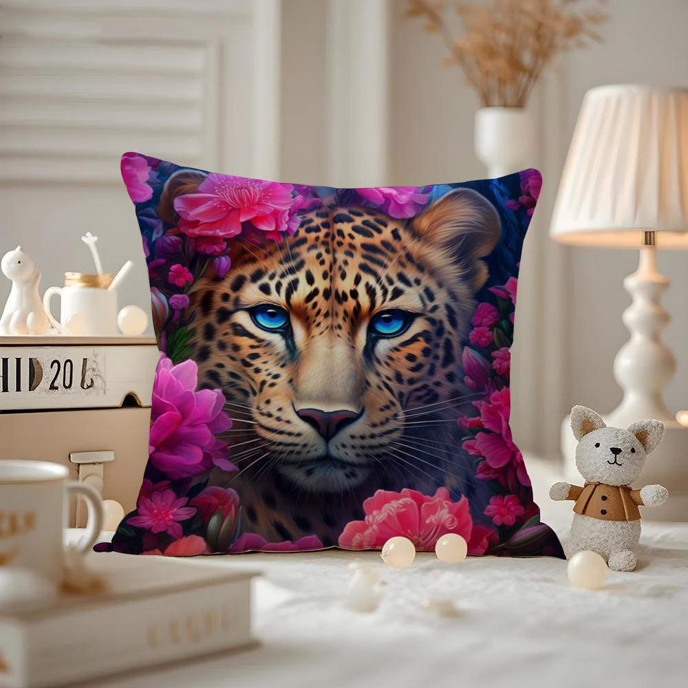 Uropäische Mode Leopard mit Kranz Tiere Porträt Malerei Kissenbezug Hausstaubmilbenabweisender Kissenbezug Verdeckter Reißverschluss Seidiger Shor