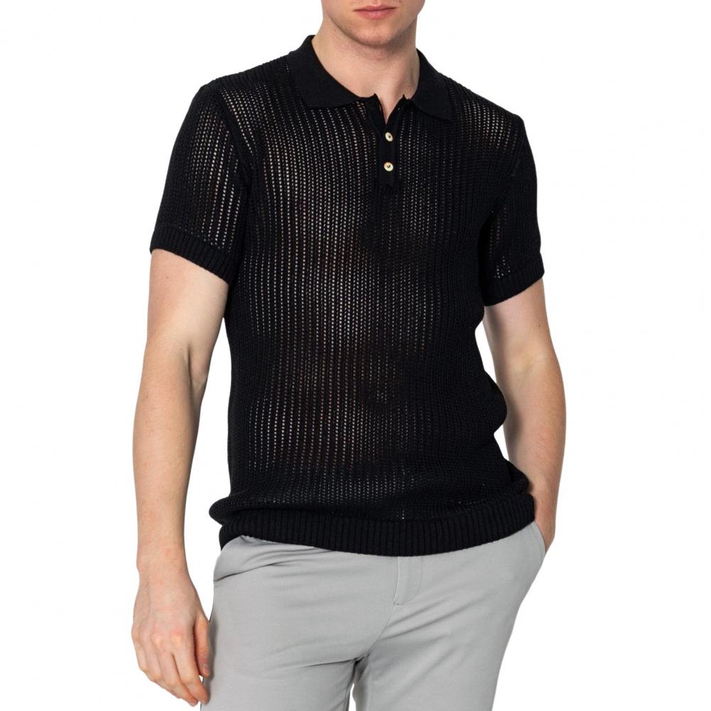 

Summer Men Top Hollow Out Knitted Half-opening V Neck Loose See-through Solid Color Short Sleeves Sport Fitness Club Shirt M чорний
