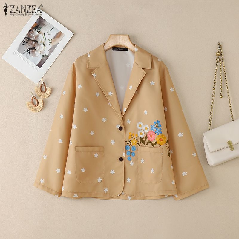 ZANZEA Bluză lejeră cu mânecă lungă, cu imprimeu liber, cu guler răsturnat