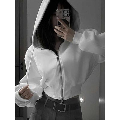 Casual Short Hooded Sweatshirt Women Zip Up Hoodies Solid Harajuku Long Sleeve Slim Fit Crop Top Female Jackets Coat