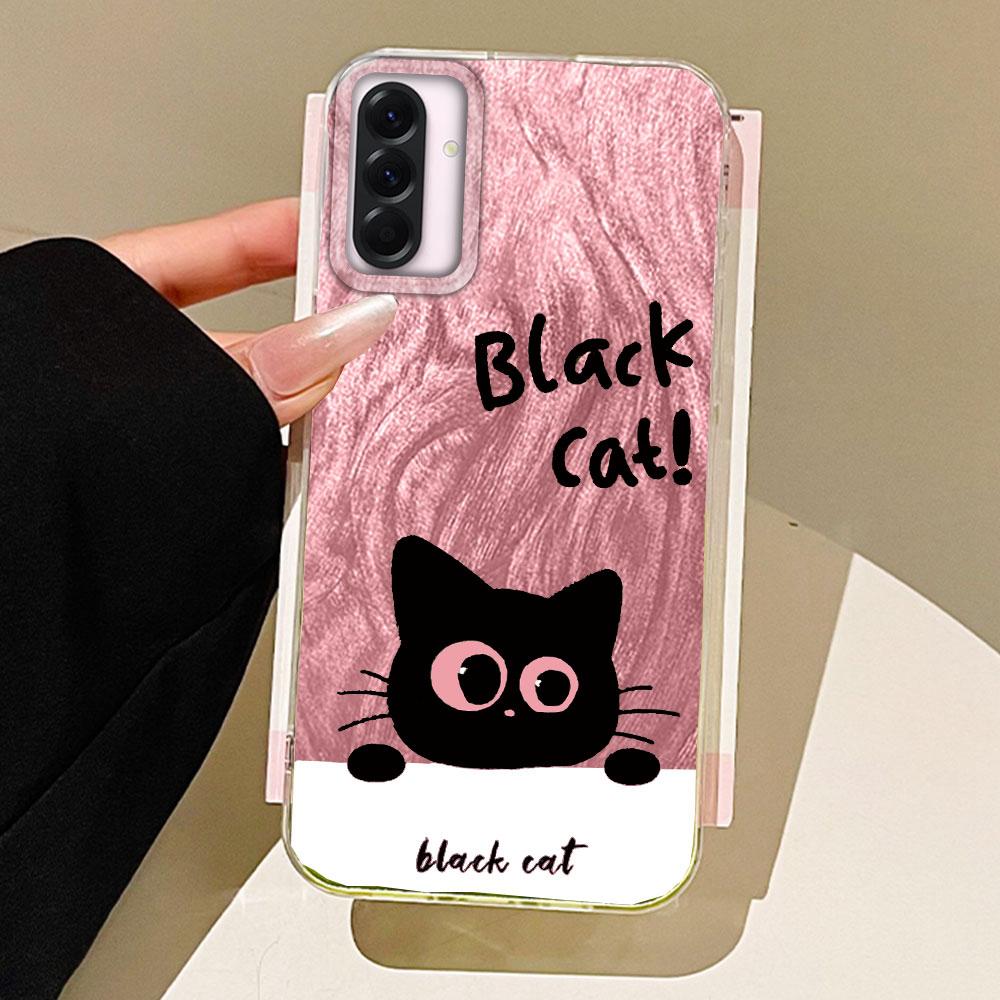Green Cute Black Cat Camlet Texture Phone Case for Samsung Galaxy A55 A56 A36 A26 A16 A53 A06 A14 A24 A34 A54 A15 A25 A35 Cover
