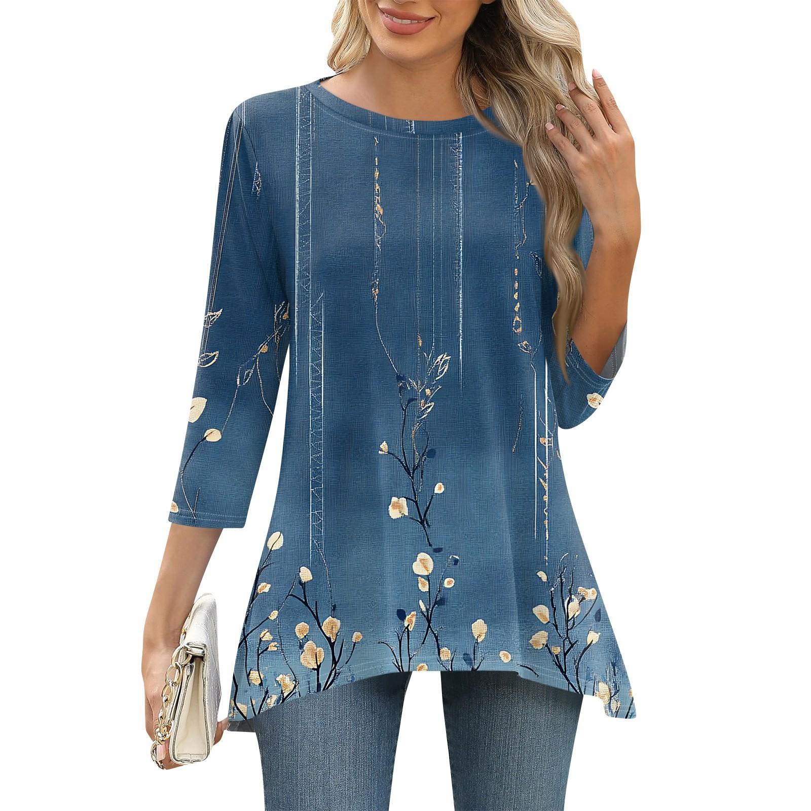 

3/4 рукав туника топы для женщин принтованный повседневный выходной свободный крой модная базовая футболка с круглым вырезом XL тёмно-синий