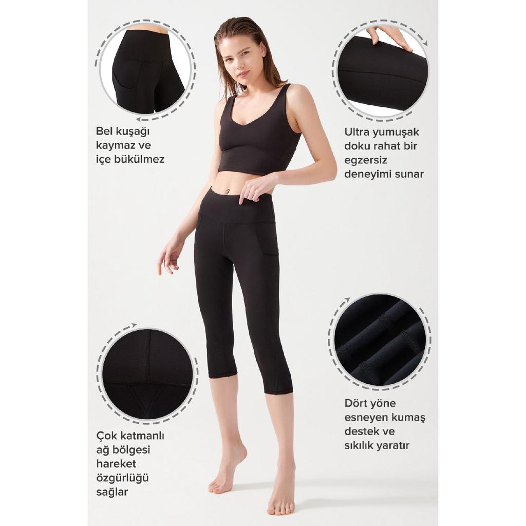 Women's Black High Waist Collecting Double Pocket Below Knee Capri Leggings Capri