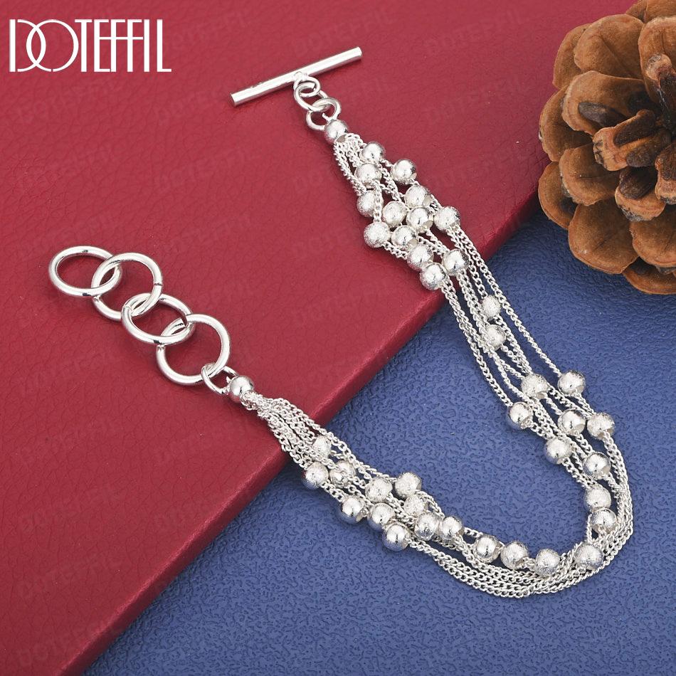 

925 Sterling Silver Multi-Chain Frosted Bead Bracelet Wedding Jewelry 20cm