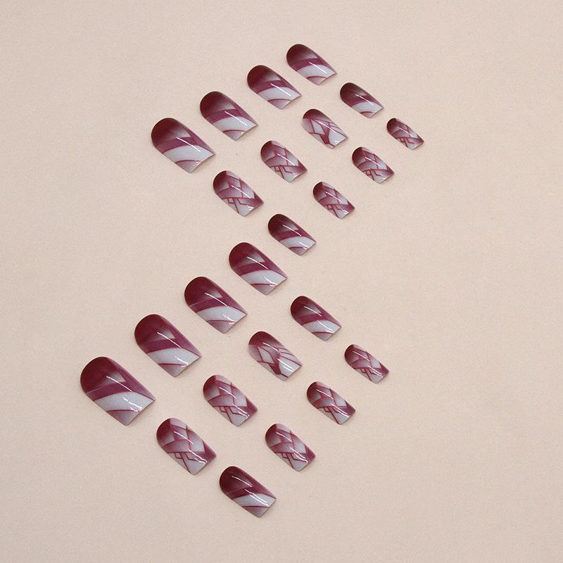 24 Pcs European and American Square Medium and Long Broken Crack Burgundy Glass Nail Art Piece Finished Wear Nail