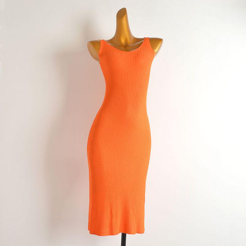 

French Style New Arrival Pure Color V-neck Knitted Vest Suspender Skirt Women s Dress Silm Slim Looking Mid Length Long Length Sheath Dress Orange Red All yards