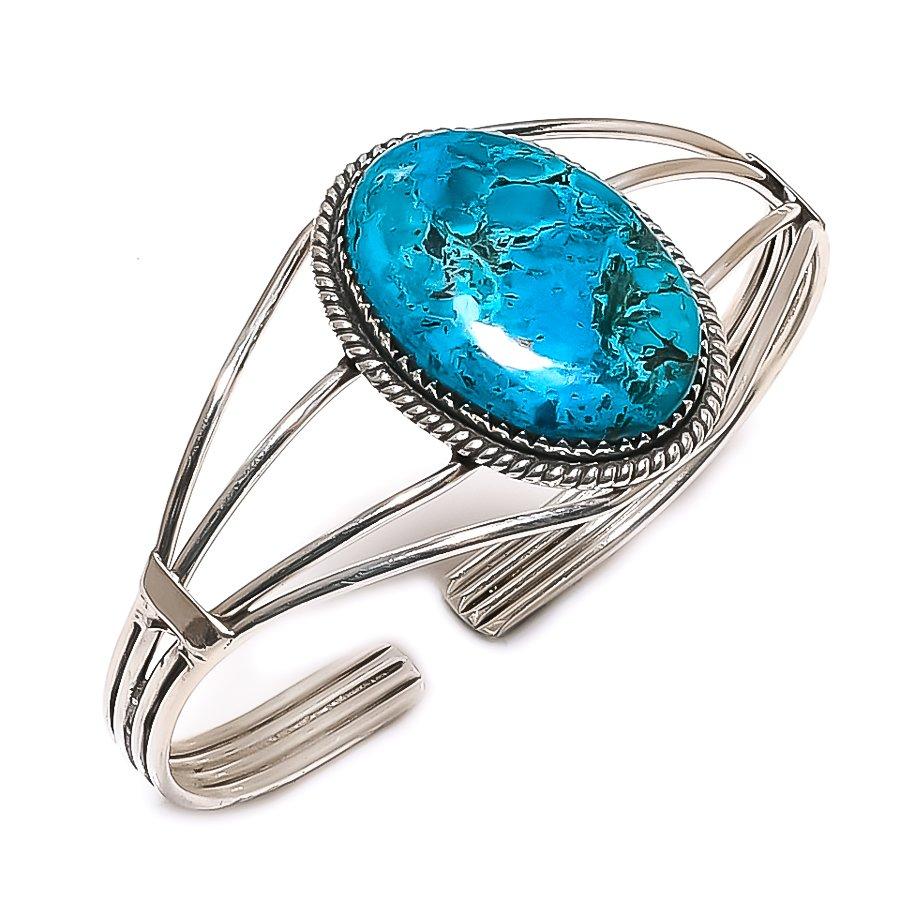 Натуральный Хризоколла Драгоценный Камень 925 Стерлинговое Серебро Браслет-манжета Регулируемый ETC-13926