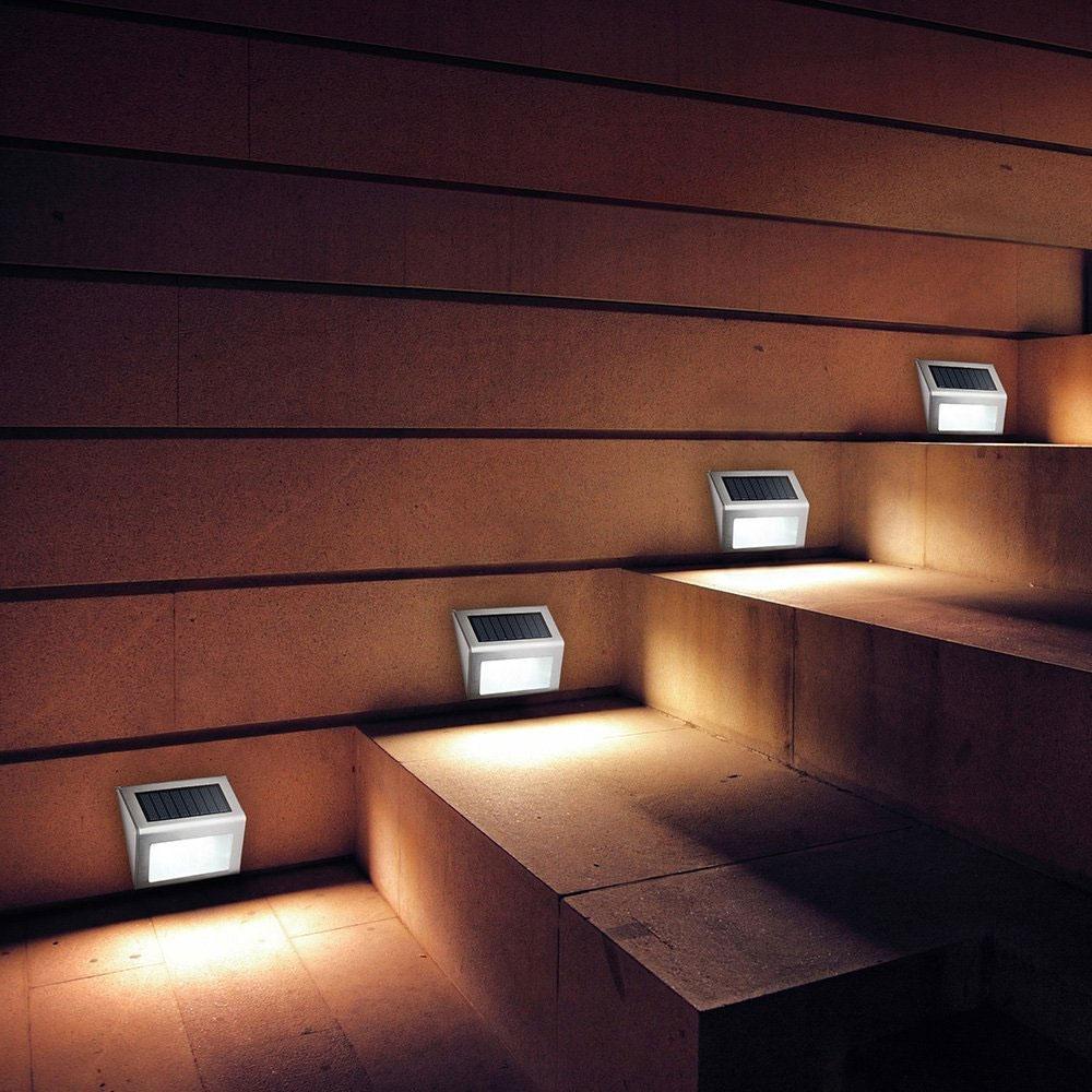 Led Solar Stainless Steel Wall Lamps Auto Light Sensor 3leds Wireless Lights Waterproof Cold Warm White Charge Step Fence Modern