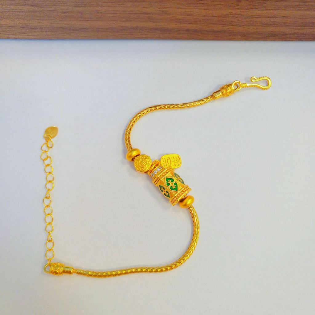 Vietnamese Gold-Enamel Coiled Bracelet: Chinese Retro Ethnic Style with Auspicious Words and Beaded Square Charm.