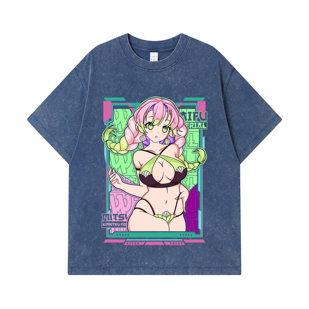 275 GSM Washed T-shirts 100% Cotton Demon Slayer V53 Mitsuri Waifu Print Unisex Heavy Cotton T Shirt
