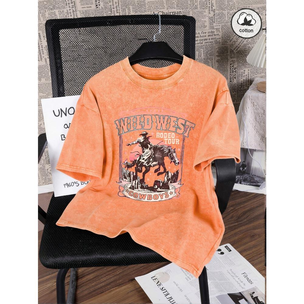 Wild West Cowboys Print Snow Wash Women Tee Shirts Summer T Shirt Casual Washed Clothes Cotton Oversized Short Sleeves
