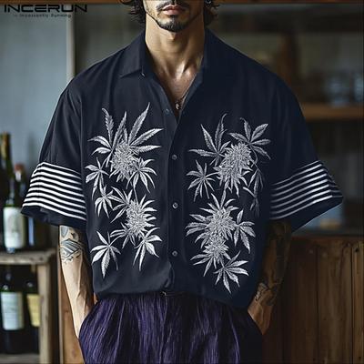 Oversized Men Lapel Short Sleeve Floral Striped Casual Loose Shirts