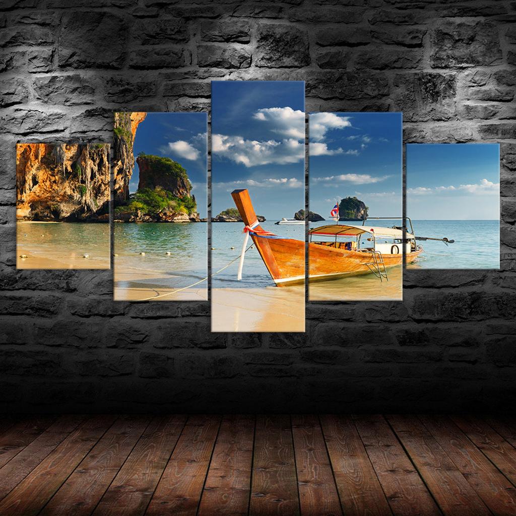 Thailand Island Hopping Boat Seascape 5 Piece Five Panel Wall Canvas Print Modern Art Poster Picture Home Decor Gift For Him For Her